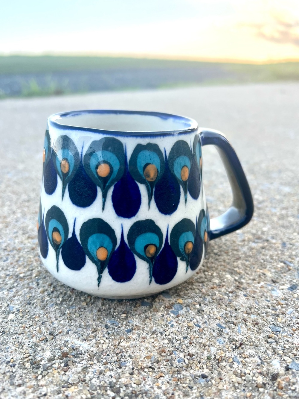 Vintage Artisan Bohemian Hand painted ceramic stoneware mug blue peacock pattern